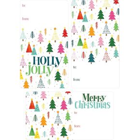 Holly Jolly Christmas Gift Tags, Self-Adhesive Gift Wrap Tags Pink Green Trees, 75 Labels - Peel and Stick Christmas Gift Tags