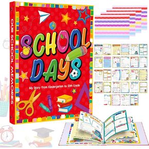 Pasimy School Memory Book for Kids Preschool to 12th Grade A4 School Days Memory Album 28 Pages DIY Photo Scrap Book with Stickers Holds 5x7 Pictures for Storage Portfolio Back to School Gifts