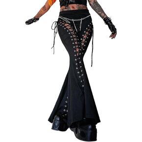 xxxiticat Women's Lace Up Pants High Waist Bandage Criss Cross Bandage Tie Up Cutout Gothic Flared Bell-Bottom Trousers