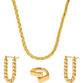 14K Gold Costume Jewelry Sets for Women Elegant, Adjustable Ring with Twist Braid Chunky Necklace and Earring Sets for Prom