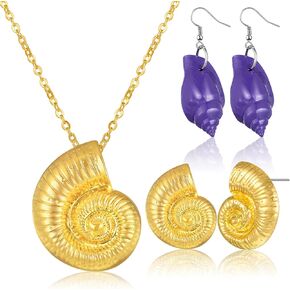 QUELAY 3 Pcs Halloween Octopus Costumes Jelwery Set for Women Gold Seashell Pendant Necklace Earrings Purple Seashell Earrings Conch Shell Necklace Set Gifts