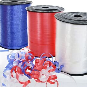 GIFTEXPRESS 1500-Yard Patriotic Curling Ribbon, Red White Blue Crimped Curling Ribbon 3/16 x 500-Yard ea. for Balloon Ribbon, Balloon String, Gift