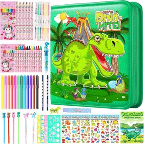 LEONAL Kids Coloring Pens Markers Set 65 PCS,Art Craft Drawing Kits for Boys with Unicorn Pencil Case,Crayon&Markers Stuff, Birthday Gifts Toys for Age 4-12 Year Old Dinosaur