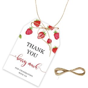 50pcs Strawberry Thank You Tags, Berry Sweet Party Favors Gift Tag with String for Wedding, Berry Much Favor Tags for Girl, Berry 1st Birthday Party Favors