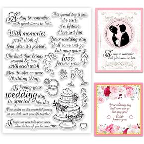 INFUNLY Wedding Blessing Words Silicone Stamps Happy Wedding Clear Stamp Wedding Vows Reusable 11.7x8.3inch Transparent Stamps Ring Cake Clear Stamps for Card Making Invitation Photo Album Decor