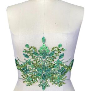 Gorgeous Pure Handmade Beaded Bling Bright Crystal Patches Sew on AB Rhinestones Waist Decoration Applique with Stones Sequins Beads DIY Craft Belt for Wedding Dress Decor Decorations (Green)