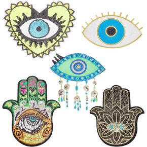 INFUNLY 5pcs Evil Eye Sequin Patches Heart Evil Eye Iron on Applique Patch Evil Eye Embroidery Sew on Patches for Clothing Colorful Large Applique Patch for DIY Sewing Jeans Bags Jacket Backpack Hat