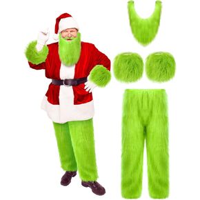 4 Pcs Adult Christmas Green Cosplay Costume Accessories Big Monster Furry Pants Santa Beard Faux Fur Wrist Cuff