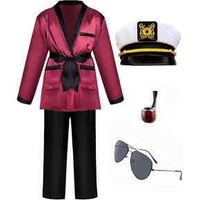 Men's Red Silk Robe Jacket and Black Pants Halloween Costume with Captain Hat Sunglasses Pipe Couples Cosplay Set