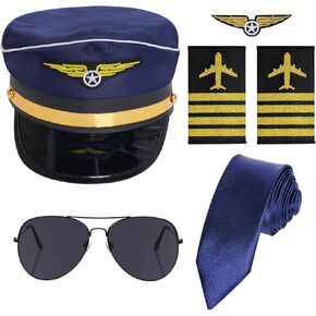 Airline Pilot Captain Costume Pilot Uniform for Men Pilot Accessories with Airplane Hat Captain Epaulettes Sun Glasses and Badge Kit Halloween Party Cosplay Supplies