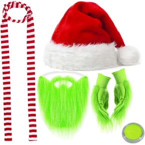 Kavoc Set of 5 Pcs Christmas Costume Accessories-Green Beard,Santa Hat,Furry Gloves,Christmas Scarf for Christmas Halloween Party Adult Fancy Dress