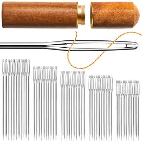 50 PCS Large Eye Sewing Needles, 5 Sizes Sewing Sharp Needles, Leather Needle Embroidery Thread Needle, Large Eye Embroidery Needles，Stainless Steel Yarn Knitting Needles for Hand Sewing (Pointed)