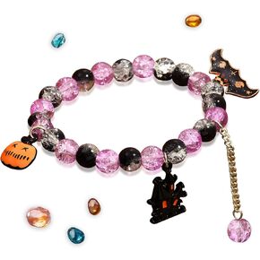 Halloween Bracelets Bat Pumpkin Charm Bracelets Crack Crystal Halloween Stretch Beaded Bracelet for Women (Purple)