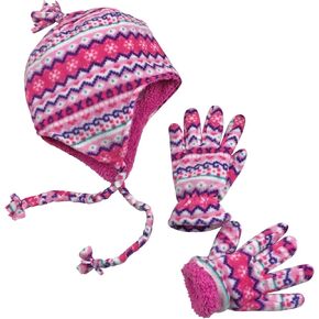 N'Ice Caps Girls Hat Gloves Set Kids Fleece Winter Warm Sherpa Lined Fair Isle