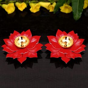 excting Lives Pc Set of 2 Metal Lotus Flower Petals Kamal Shape Metal Akand Diya for Traditional Indian Festive Diwali Deepawali Puja Pooja Dia Home Temple Decoration Oil Lamp Gift Items.