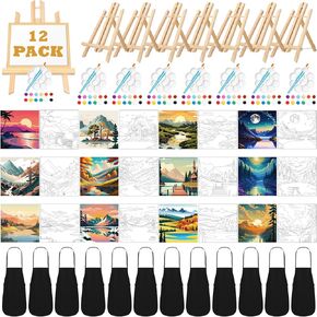 Motipuns 12 Set Pre Drawn Canvas for Painting with Easels Sip and Paint Kit Drawn Canvas Paint Kit with Printed Canvas Paints Brushes Palette Bag Apron for Adults(Animal)