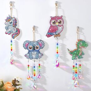 Diamond Art Suncatchers Kit for Kids Gifts, 4 Pcs Double Sided Wind Chime, Crystal Rhinestone Painting, Animal Style Hanging Ornament for Home Window Beginners Craft DIY Supplies