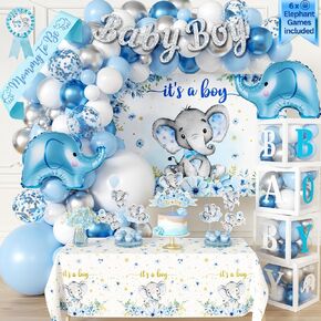 176 pc Baby Shower Decorations for Boy, Birthday Boy, 2 in 1 Set - Balloon Garland Arch, Balloons Boxes and Banner, Elephant Baby Shower and Birthday Decorations