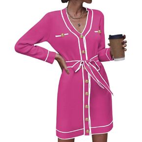 Pink Queen Women's Long Sleeve Button Down Mini Dress Elegant V Neck Open Front Color Block Knit Sweater Cardiagns with Belt