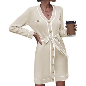 Pink Queen Women's Long Sleeve Button Down Mini Dress Elegant V Neck Open Front Color Block Knit Sweater Cardiagns with Belt