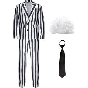 Men Black and White Striped Suit Spooky Cosplay Party Outfit With Wig Tie for Men 80s Movie Costumes for Halloween
