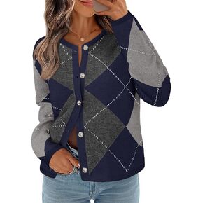 MEROKEETY Women's Long Sleeve Cardigan Sweaters 2024 Trendy Open Front Checkered Knit Button Up Jackets