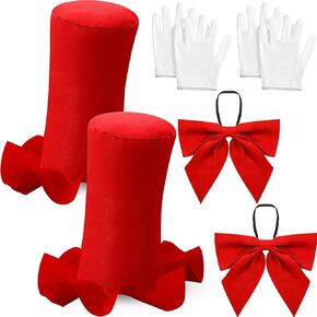 Halloween Costume Accessories Kit for Adult Red and White Top Hat White Gloves Wrist Length Red Bow Tie Cosplay Costume Accessories Kit Top Hat Costume for Adult