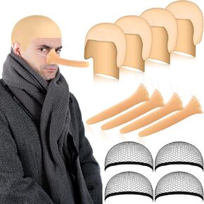 WILLBOND 12 Pack Halloween Bald Caps Latex Bald Head Wig Caps Long Fake Nose for Men Women Cosplay Theme Party