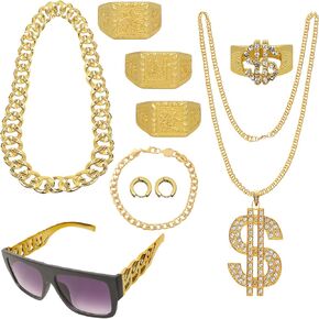 80s 90s Accessories Outfit Kit for Men Women Hip Hop Rapper Costume Set Fake Gold Chain Bracelet Ring Halloween Party