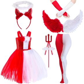 Jiuguva 6 Pcs Girls Halloween Angel Devil Costume Accessories Dress Wings Stockings Headband Sleeve Fork Wands for Kids Party