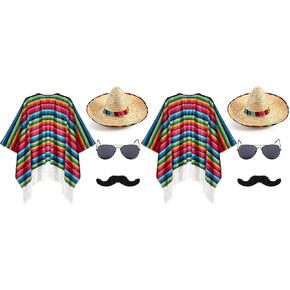 Mepase 8 Pcs Mexican Party Costume Set Include Mexican Serape Poncho Sombrero Sunglasses Mustache