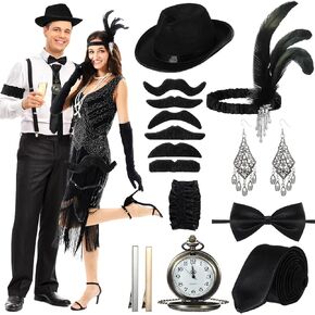 1920s Couple Cosplay Costume Roaring Retro Costume Accessories Set Fringed Dress Outfit Woman and Man Cosplay
