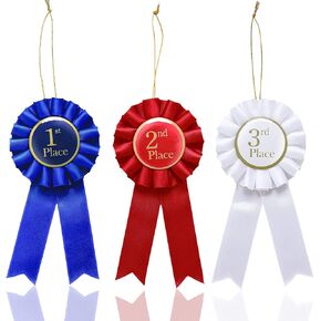 Grevosea 3 Pieces Award Ribbon, Prize Ribbon Rosette Participation Ribbon Honorable Ribbon Badge Blue Red and White Prize Ribbons 1st 2nd 3rd Place Medals for Classroom Competitions Sports Meeting
