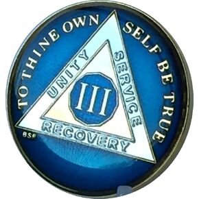 3 Year Midnight Blue AA Alcoholics Anonymous Medallion Chip Tri Plate Gold & Nickel Plated Serenity Prayer