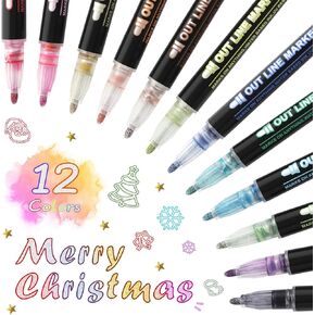 Shimmer Markers Outline Pen 12 Colors Metallic Glitter Pens Gift Idea for Student Christmas Birthday School Art Supplies