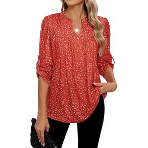 Blooming Jelly Women's Tunic Tops Dressy Business Fall Blouses Plus Size Long Sleeve Shirts Pleated V Neck Tunics