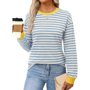 ANRABESS Long Sleeve Shirts for Women Striped Crewneck Loose Fit Tunic Tops 2024 Fall Color Block T-Shirt in Kuwait