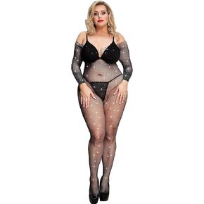 ohyeahlady Women Rhinestone Fishnet Bdoystocking Mesh Sparkle Long Sleeve One Piece Jumpsuit Plus Size Sexy Lingerie Soft