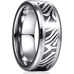8mm Tungsten Rings for Men, Brushed Wedding Bands with Rose Gold Center/Damascus Steel Pattern Black Blue Ring Beveled Edge Comfort Fit Size 7-12