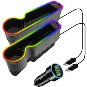 7 Color Led Car Seat Gap Organizer with Type C USB Multifunctional Car Seat Organizer with 56W Fast Charger Car Front Seat Gap Filler with Ambient Lamp for Andriod iPhone (Grey)