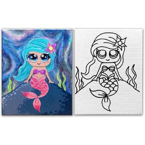 INDIGO ART STUDIO Pre Drawn Canvas Painting for Kids | Stretched & Stenciled | Art Activity Summer Camps | Custom Mermaid Theme Coloring | DIY Birthday Gift & Paint with Twist Party Favor | 8x10