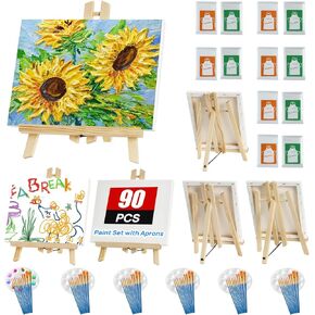 Painting Supplies 90 Pcs Paint and Sip Kit(6*Easels+6*Canvases+6 * 10 Brushes+12 Aprons+6*Palettes) Canvas& Easel for Painting,Couples Painting Kit, Painting Set for Kids,Adult,Paint Party,Class...
