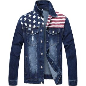 LZLER Denim Jacket Men American Flag Trucker Jackets Classic Slim Fit Jean Jacket for Men