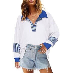 Zeagoo Women's Sweatshirt Striped Long Sleeve Henley Button Casual Loose Pullover Tunic Tops 2024 Fall Shirt Outfits