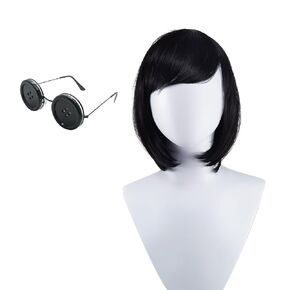 Coraline Other Mother Wig Black Short Bob Cut Wig with Eyeglasses Heat Resistant Synthetic Wig Halloween Cosplay Wigs for Women Girls