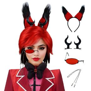 Besuante Alastor Wig with Devil Horns and Ears Monocle Glasses Chain Black Red Cosplay Wigs for Halloween
