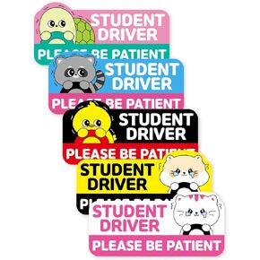 Student Driver Car Sticker Set of 5 - Colorful, Weather-Resistant - Rectangular Various Cute Characters/Must-Have for Student Drivers