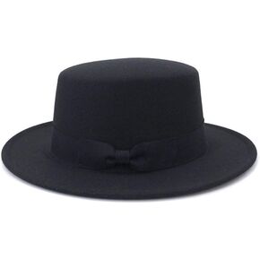 Black Flat Top Fedora Hat Classic Wide Brim Panama Hat with Bow Belt Felt Vintage Jazz Hats for Man Women Party Performance Props and Daily Use