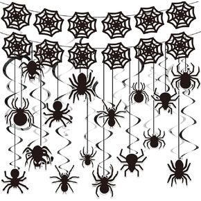 18 قطعة من ديكورات عنكبوت الهالوين، راية شبكة العنكبوت للهالوين مع دوامات تعليق الهالوين العنكبوتية، إكليل من شبكات العنكبوت السوداء لتزيين حفلات الهالوين في القصر المسكون in Kuwait