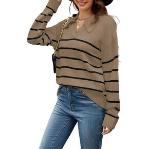 Women's Fall Striped Oversized Sweater Winter Fashion Knit V Neck Pullover Tops Trendy 2024